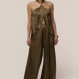 Olive Cascade Satin Pant Set