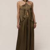 Olive Cascade Satin Pant Set