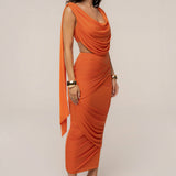 Orange Divine Drape Mesh Skirt Set