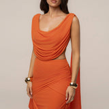 Orange Divine Drape Mesh Skirt Set