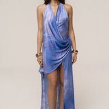 Blue Purple Cleo Draped Halter Dress