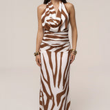 Brown Zebra Impressions Plunge Maxi Dress