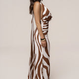 Brown Zebra Impressions Plunge Maxi Dress