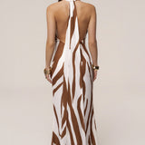 Brown Zebra Impressions Plunge Maxi Dress
