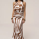 Brown Zebra Impressions Plunge Maxi Dress