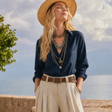 Women's Casual Navy Blue Cotton-Linen Long-Sleeve Pullover Shirt Paired MDZ2604E5LXY