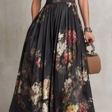 Violetta - Black Midi Dress in Pleated Satin with Floral Pattern and Keyhole Neckline