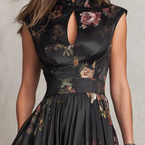 Violetta - Black Midi Dress in Pleated Satin with Floral Pattern and Keyhole Neckline