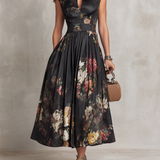 Violetta - Black Midi Dress in Pleated Satin with Floral Pattern and Keyhole Neckline
