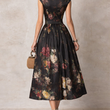 Violetta - Black Midi Dress in Pleated Satin with Floral Pattern and Keyhole Neckline