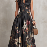 Violetta - Black Midi Dress in Pleated Satin with Floral Pattern and Keyhole Neckline