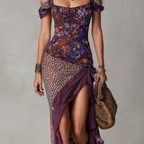 Purple Urban Nomadic Leopard Print Floral High-slit Maxi Dress