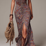 Grayish-purple Pleated Floral Print Slit Maxi Dress