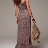 Grayish-purple Pleated Floral Print Slit Maxi Dress