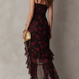 Chic Black And Red Floral Ruched Ruffle Hem Dress