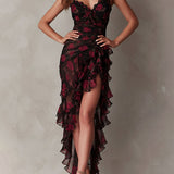 Chic Black And Red Floral Ruched Ruffle Hem Dress