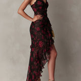Chic Black And Red Floral Ruched Ruffle Hem Dress