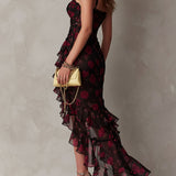 Chic Black And Red Floral Ruched Ruffle Hem Dress