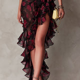 Chic Black And Red Floral Ruched Ruffle Hem Dress