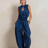Women's Elegant Dark Blue Cotton-Linen Sleeveless Jumpsuit With Round Neck MDZ2068C2AN