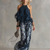 Ludovica | Stylish Navy Halter Top and Wide-Leg Printed Set