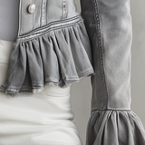 Fitted Grey Denim Jacket Women Ruffle Hem Peplum Flare Cuff Feminine