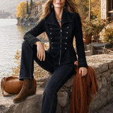 Women's Military-Style Black Faux Suede Zip-Front Napoleon Jacket