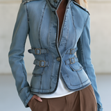 Light Blue Fitted Denim Jacket Women Stand Collar Buckle Belt Detail