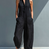Women's Minimalist Linen Blend Button-up Stand-collar Sleeveless Loose Jumpsuit MDZ2725A5Y