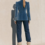 Fashionable Retro Lace-trimmed Lake Blue Velvet Blazer