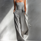 Women's Minimalist Linen Blend Gray Spaghetti-Strap Square-Neck Tie-Waist Wide-Leg Jumpsuit MDA2666L5AU