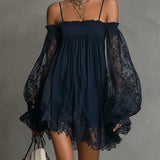 Noemi | Mini dress in navy blue chiffon with off-the-shoulder neckline, lace trim, and sheer sleeves