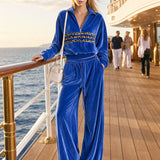 Fashionable Leopard Print Striped Half-zip Royal Blue Velvet Sweatshirt And Pants Set