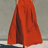 Women's Red Linen Maxi Dress With Halter Neck & Pleated Skirt, Timeless Elegant-Resort Style Dress MDZ2016C7I