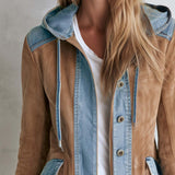 Urban Western Camel Suede Jean Jacket Women Mixed Media Drawstring Hood Coat