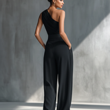 Women's Black Draped Wide-Leg Trousers MDZ2483B4T