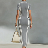 Women's Grey Stretchy Knit Zip Polo Collar & Vertical Side Stripes Maxi Dress MDZ2497F8LYL