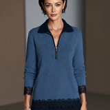 Women's Contrast Lace Elegant Half-Zip Long-Sleeve Top MDZ2706H4GMJ