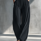 Women's Black Draped Wide-Leg Trousers MDZ2483B4T