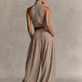 Women's Taupe Cotton-Blend Jumpsuit With Halter Neck & Wide-Leg Silhouette, Timeless Boho-Elegant Style Jumpsuit (Without Belt) MDZ0940C3I