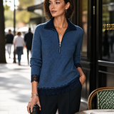 Women's Contrast Lace Elegant Half-Zip Long-Sleeve Top MDZ2706H4GMJ
