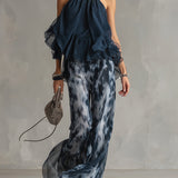 Ludovica | Stylish Navy Halter Top and Wide-Leg Printed Set