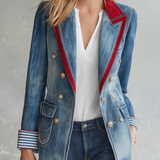 Women’s Double Breasted Denim Blazer With Red Lapel Trim