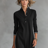 Women's Minimalist White-trimmed Button-down Collar Sweatshirt Maxi Dress MDA0958L0Y