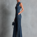 Women's Retro Style Dark Blue Denim Sleeveless High-Neck Flared Jumpsuit With Front Zipper MDZ1239B2BA