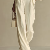 Women's Off-white Lightweight Woven Wide Leg Pants with High Waist & Loose Fit, Sophisticated Office Chic Trousers MDZ0856A8I