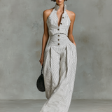 Women's Minimalist Striped Linen Sleeveless Single-Breasted Jumpsuit MDZ1950C7Y