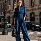 Women's Denim Stand-Collar Zip Black-Trim Cargo-Pocket Short-Sleeve Wide-Leg Jumpsuit MDZ2514H3CMX