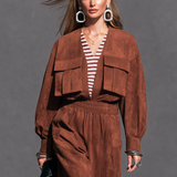 Women's Casual Reddish-Brown Suede Long-Sleeve Jumpsuit (Faux-Layered Style) MDZ2773H1LXY