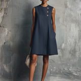 Women's Minimalist Commuter Style Navy Blue Linen Round Neck Asymmetric Buttons Side Pocket Sleeveless Mini Dress MDZ0395F6GMJ